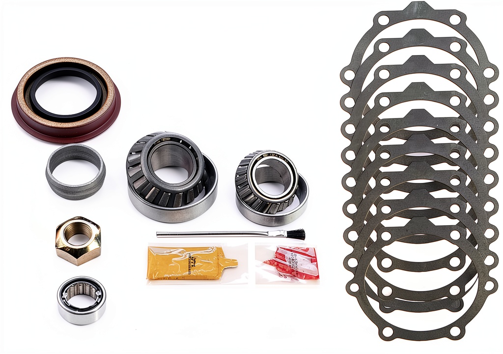 Rear pinion bearing kit components laid out on a workbench